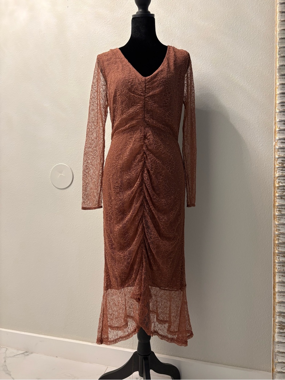Urban Outfitters Rust Lace Ruched Midi Dress